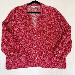 LOFT Red Floral Button Down Blouse Large Tie Neck Shirt